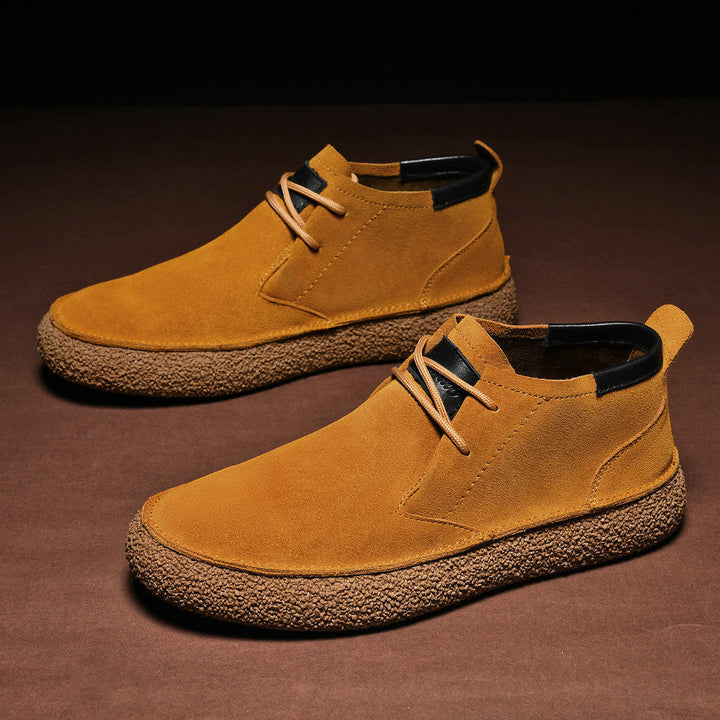 Close-up of men's retro orthopedic comfort shoes in dark brown suede
