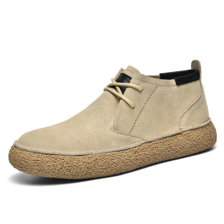 Men's slip-resistant retro suede leather orthopedic shoes on a wooden floor