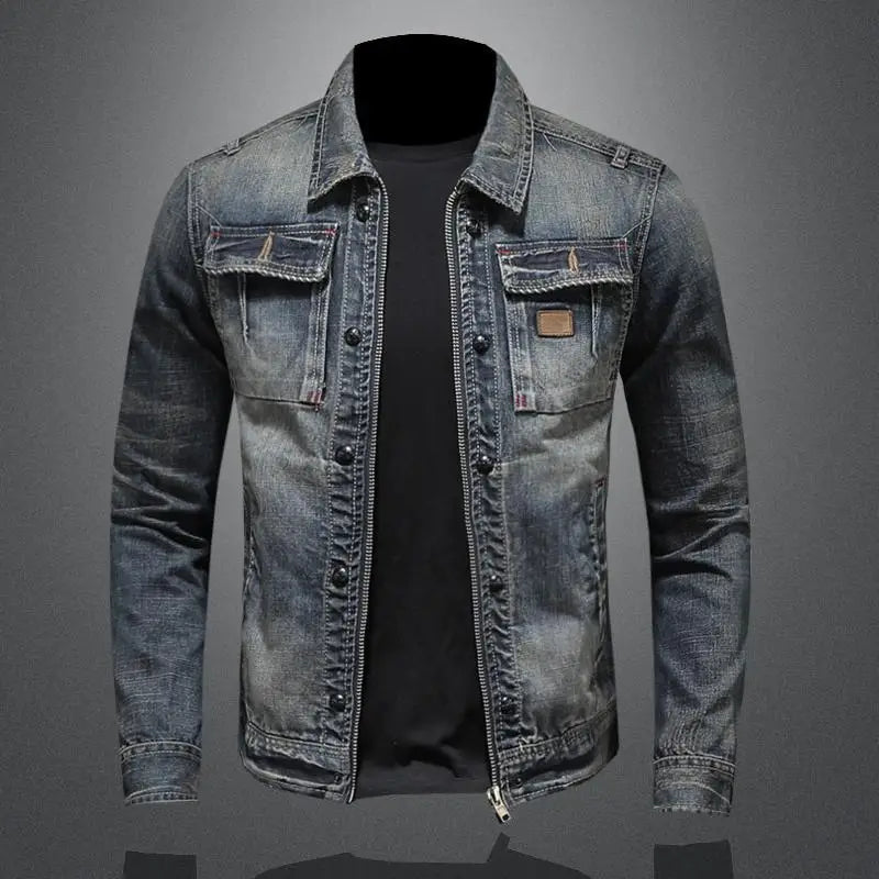Men's retro vintage style denim jacket in stylish gray, perfect casual outerwear for everyday fashion.