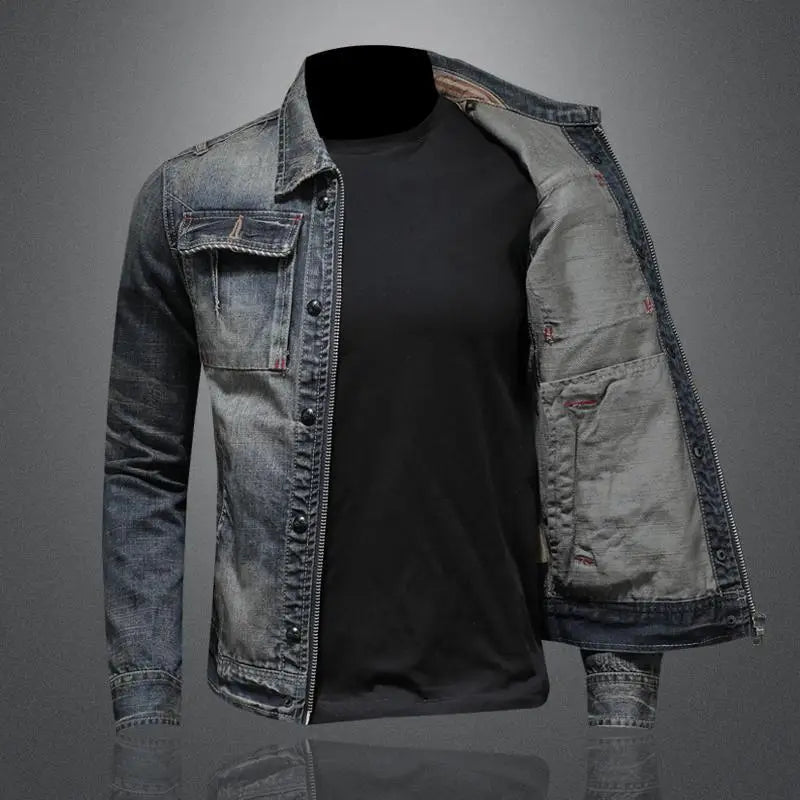 Jasper men's gray retro denim jacket. A versatile vintage style transitional jacket for stylish everyday wear.