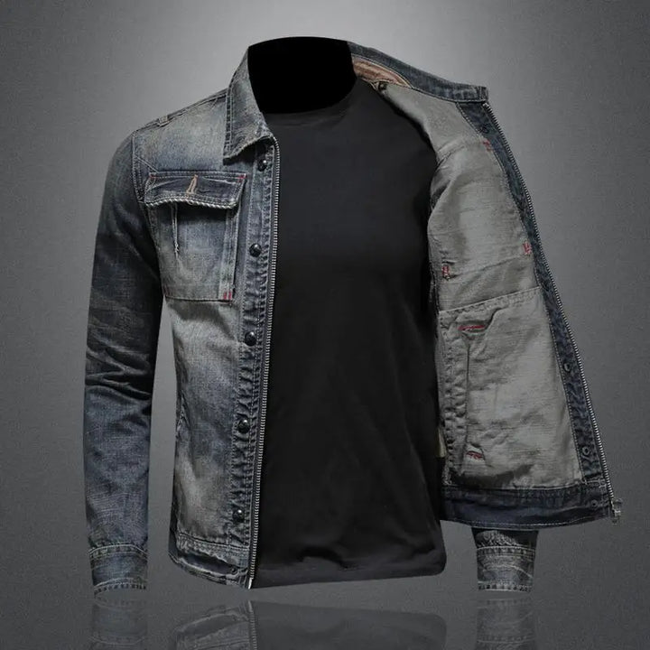 Jasper men's gray retro denim jacket. A versatile vintage style transitional jacket for stylish everyday wear.