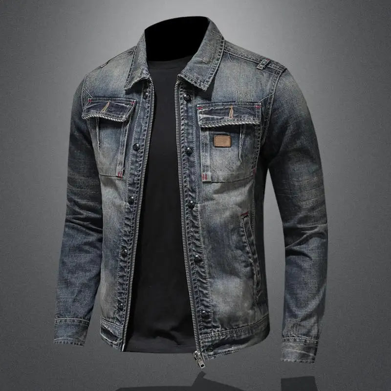Timeless men's vintage style retro jacket in gray denim. Ideal casual outerwear for modern men's fashion.