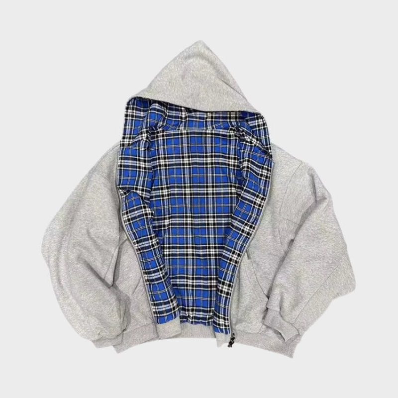 Versatile men's reversible hoodie, an oversized top combining a solid color with a fashionable checkered print.