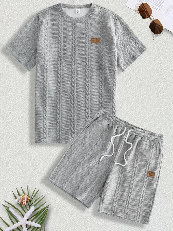 Full view of a man wearing a men's rib knit comfort short set, ideal for relaxed men's fashion.