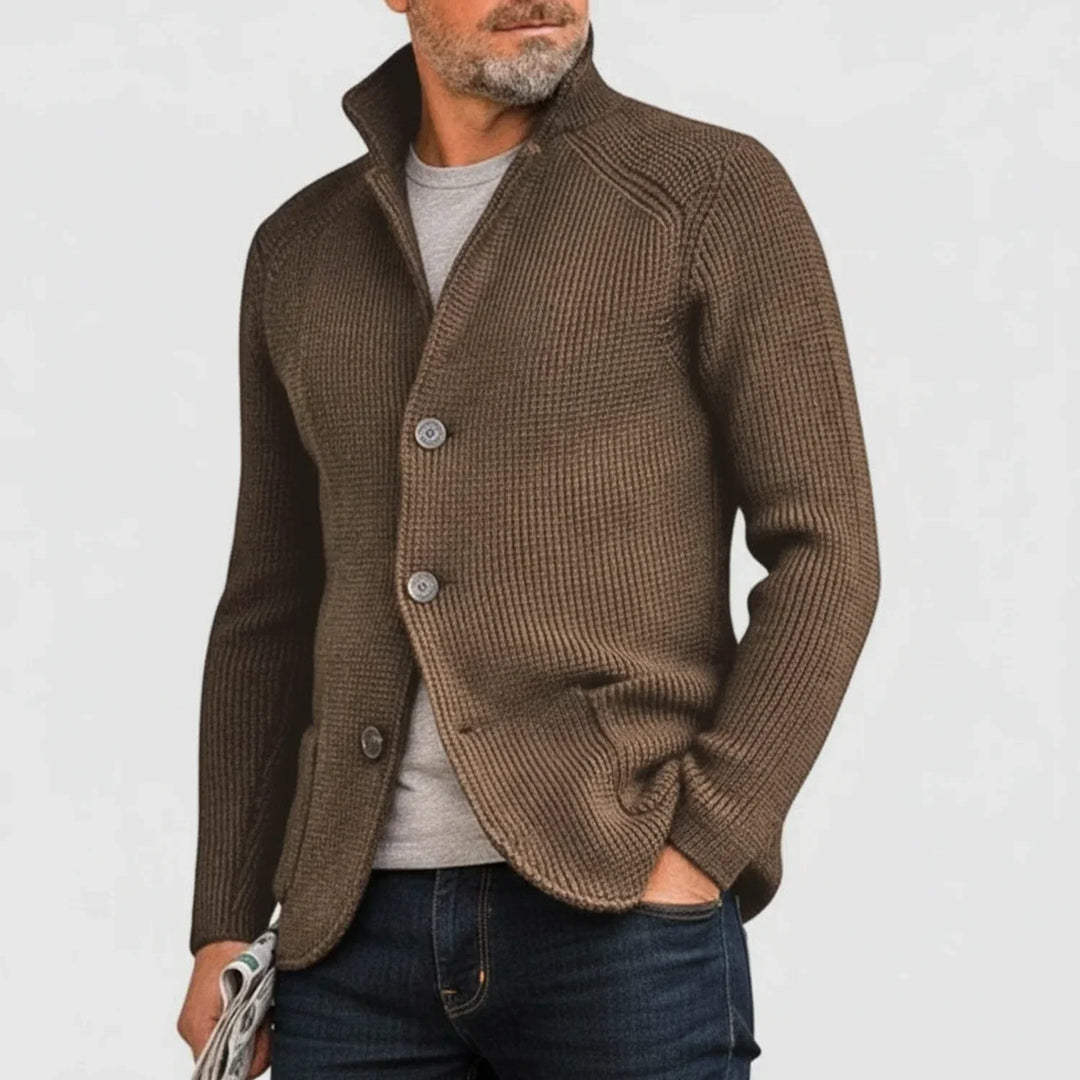 Men's ribbed button-front cardigan sweater, ideal for casual fall fashion & layering.
