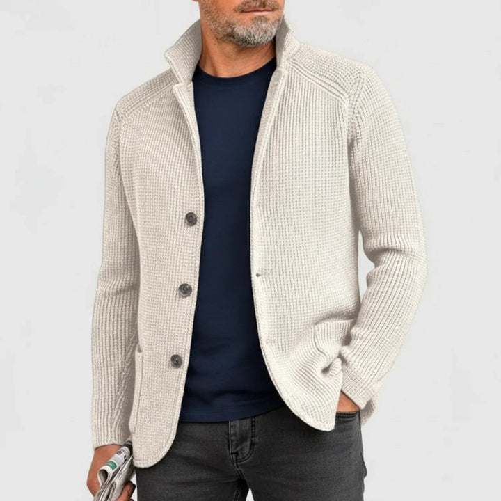 Versatile men's ribbed cardigan sweater. Button-front long sleeve, comfortable for fall fashion.