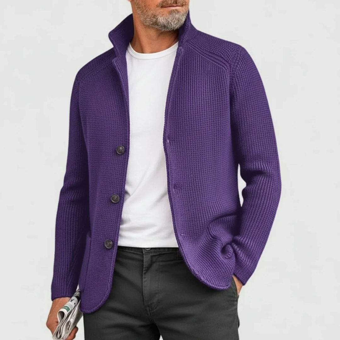 Comfortable men's long sleeve ribbed button-front cardigan sweater for casual wear.