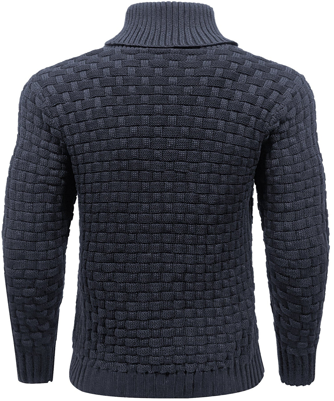 Model wearing a men's ribbed knit pullover sweater, demonstrating fit and style