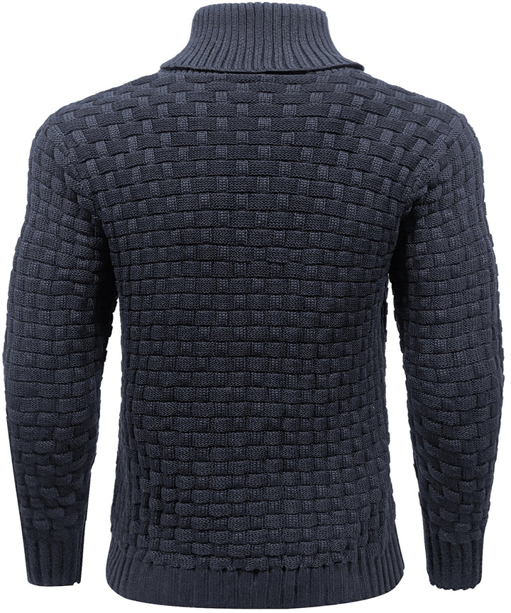 Model wearing a men's ribbed knit pullover sweater, demonstrating fit and style