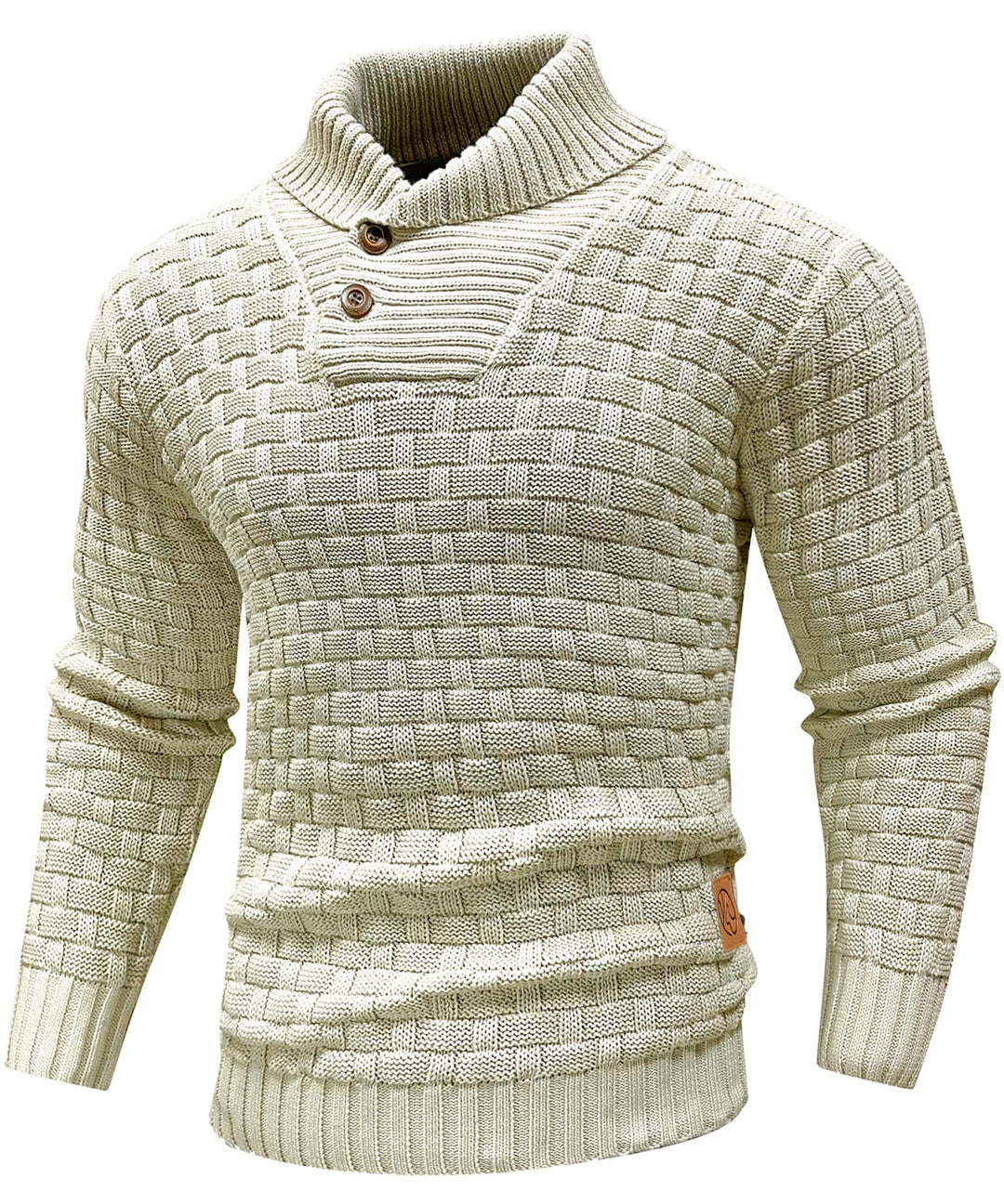 Side profile of men's long-sleeve ribbed knit sweater, comfortable and warm