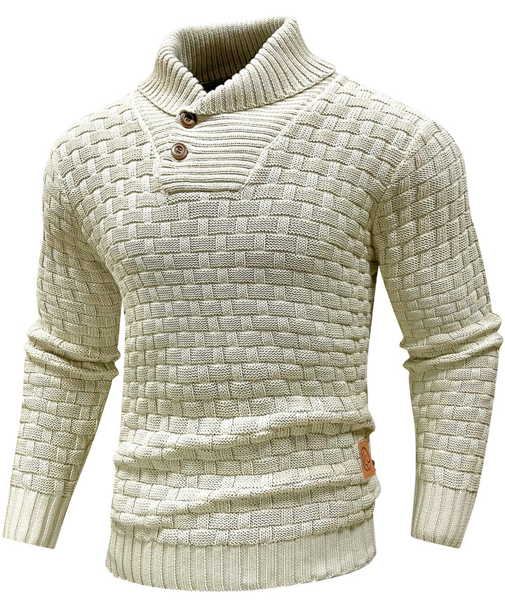 Side profile of men's long-sleeve ribbed knit sweater, comfortable and warm