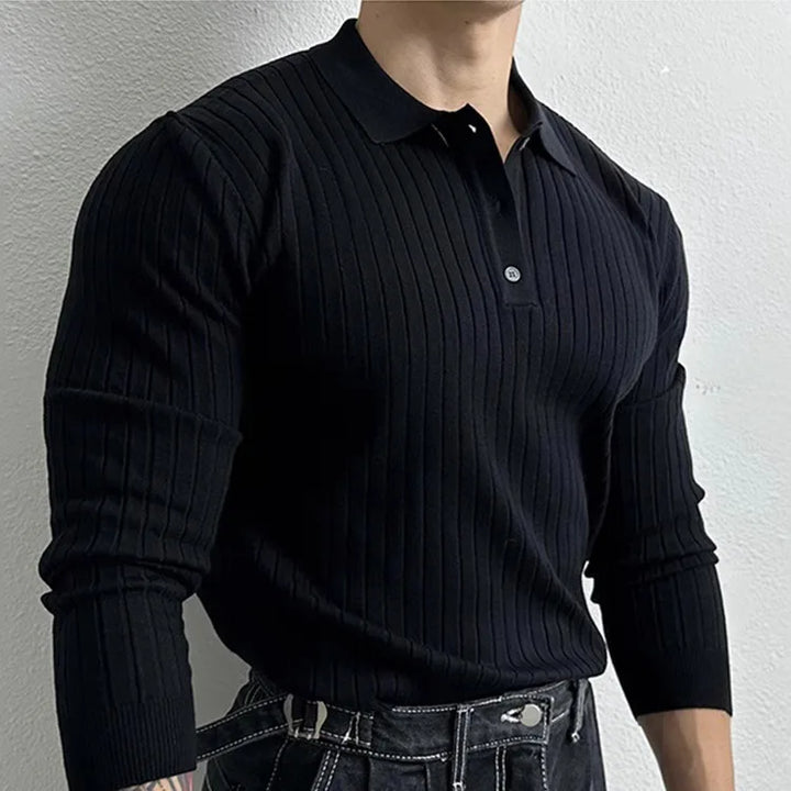 Close-up of a men's long sleeve ribbed knit slim fit shirt, showcasing the knit texture