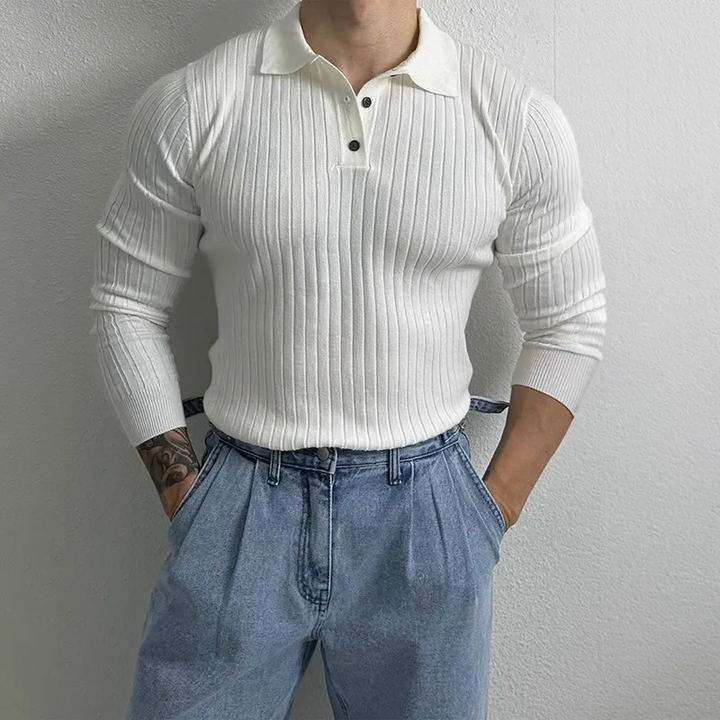 Stylish man wearing a black ribbed knit slim fit long sleeve shirt for a modern casual look
