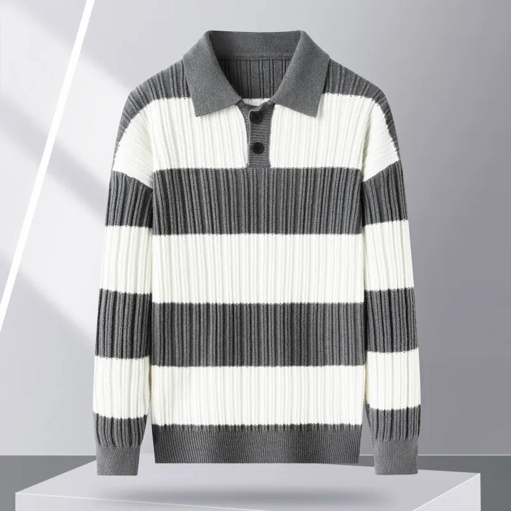 Men's ribbed knit sweater with navy and white stripes, long sleeve for casual wear.