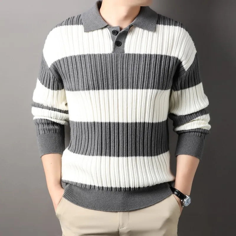 Stylish men's striped crew neck pullover, ribbed texture, perfect for everyday fashion.