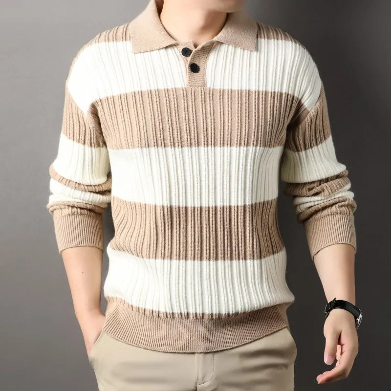 Casual men's long sleeve sweater featuring a classic striped pattern and ribbed knit detail.
