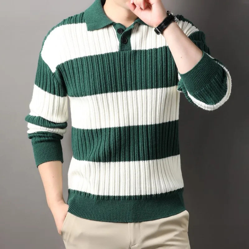Front view of a men's striped ribbed knit sweater, crew neck, ideal for cool weather.