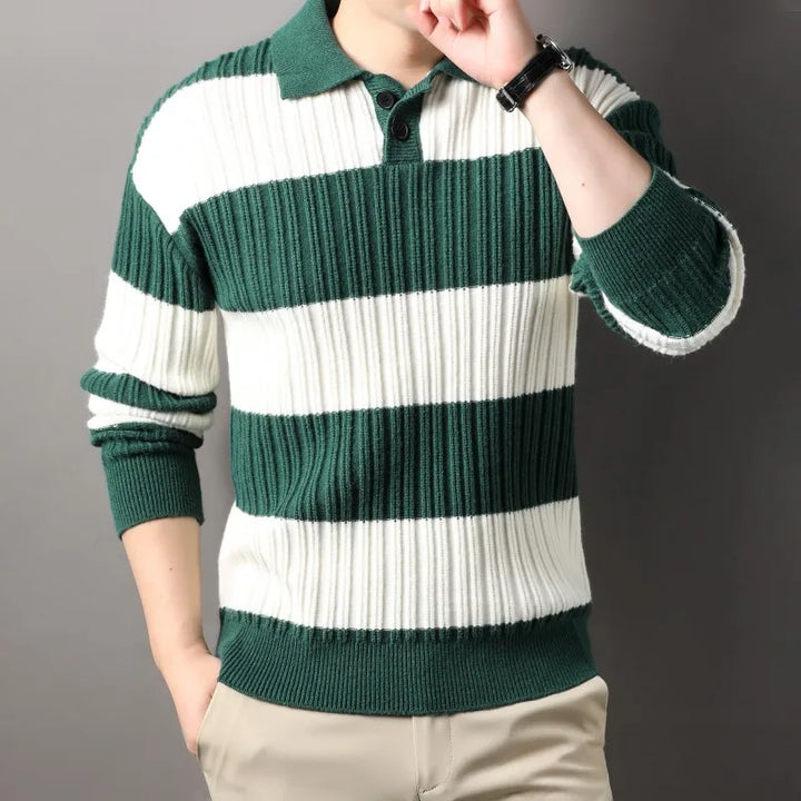 Front view of a men's striped ribbed knit sweater, crew neck, ideal for cool weather.