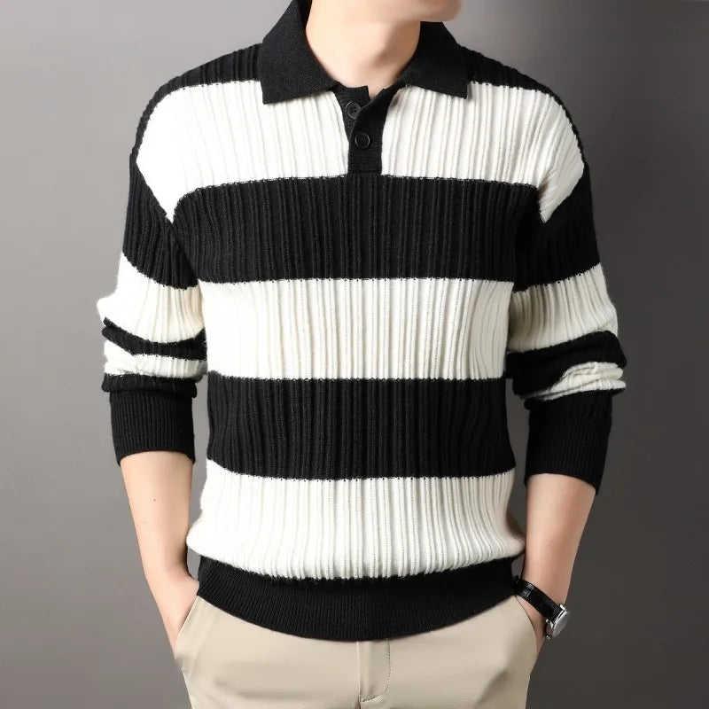 Men's fashion: Navy and white striped ribbed knit pullover sweater with long sleeves.
