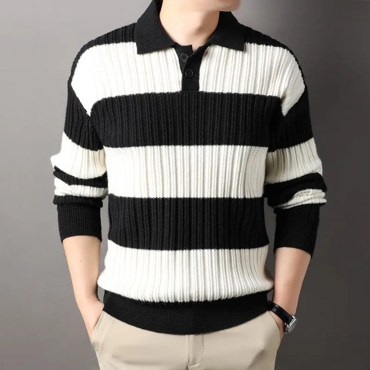 Men's fashion: Navy and white striped ribbed knit pullover sweater with long sleeves.