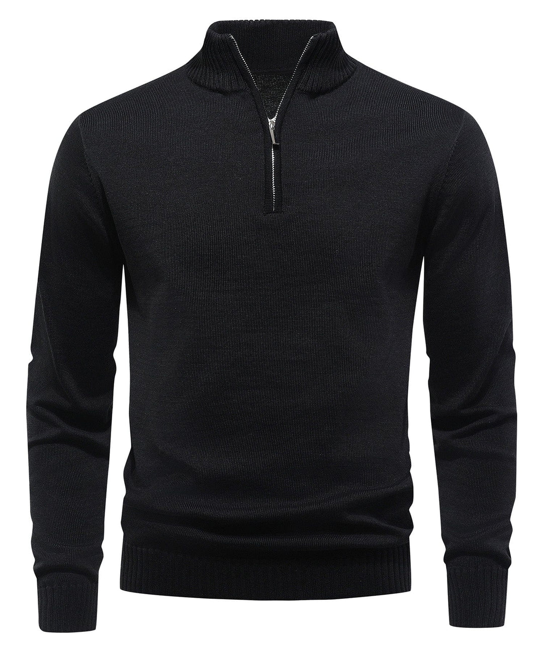 Men's ribbed mock neck half-zip sweater in black, perfect for casual winter fashion