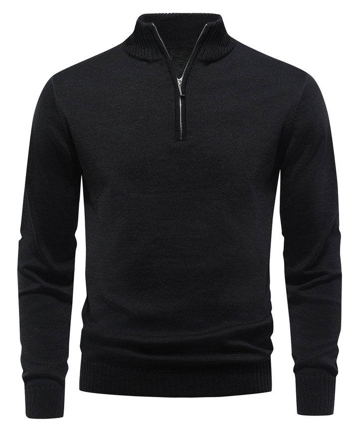 Men's ribbed mock neck half-zip sweater in black, perfect for casual winter fashion