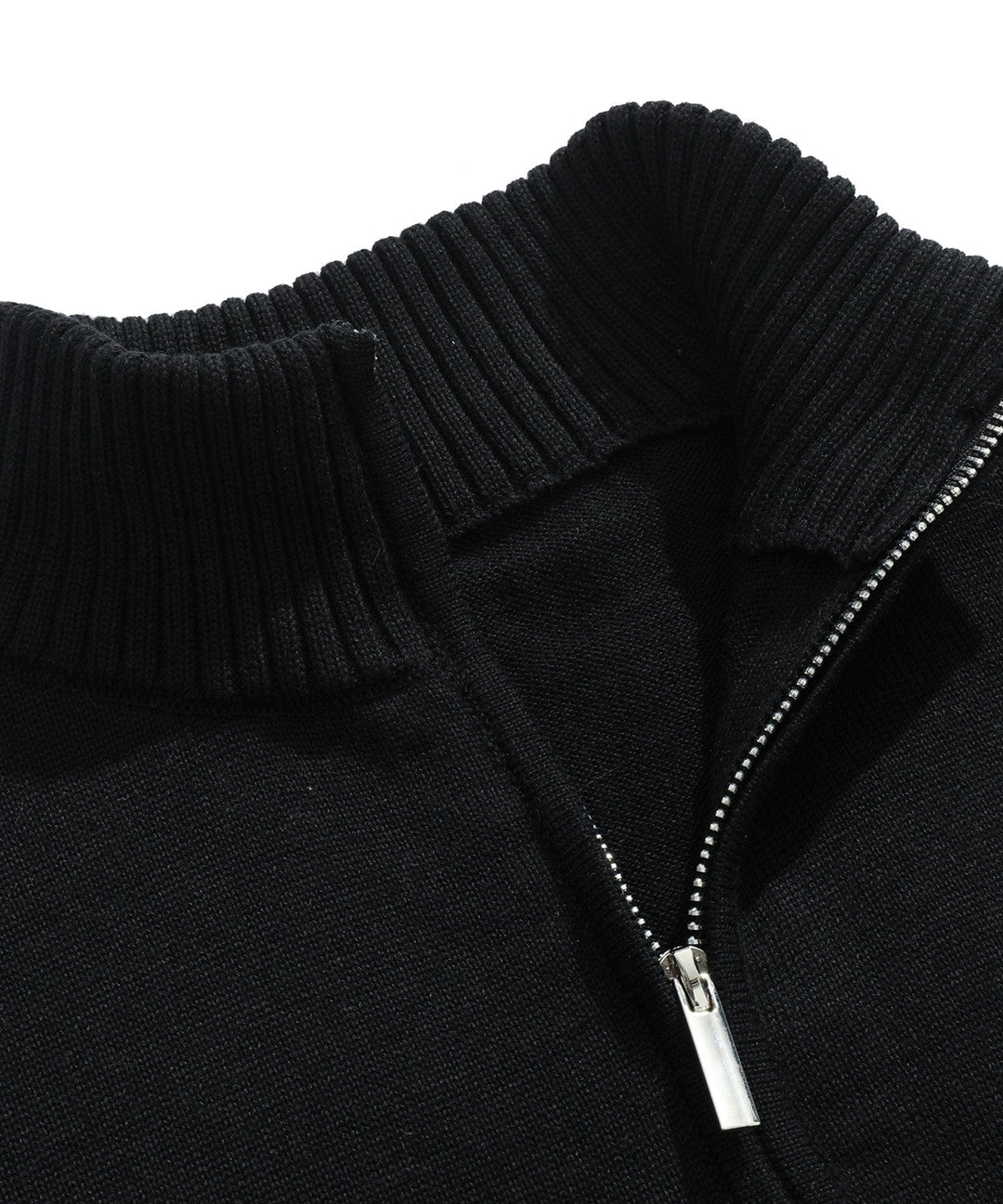 Men's black half-zip mock neck sweater, showcasing the ribbed pattern and soft fabric