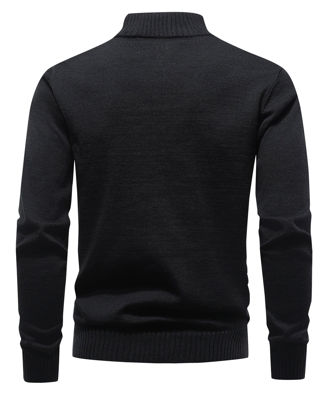 Close-up of the ribbed texture on a men's black mock neck half-zip sweater, a versatile top