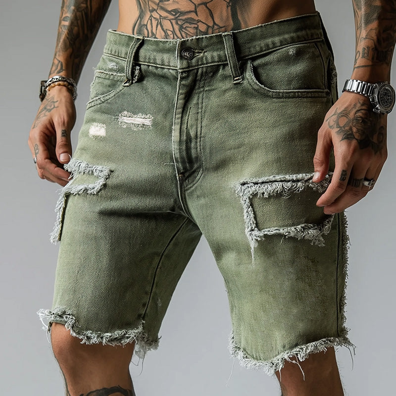 Trendy men's green ripped stretch denim shorts, relaxed fit for summer fashion and casual wear.
