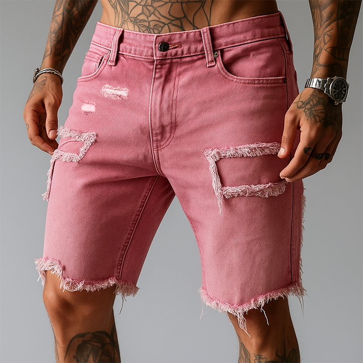 Relaxed fit men's ripped stretch denim shorts, comfortable casual wear, perfect distressed summer fashion.