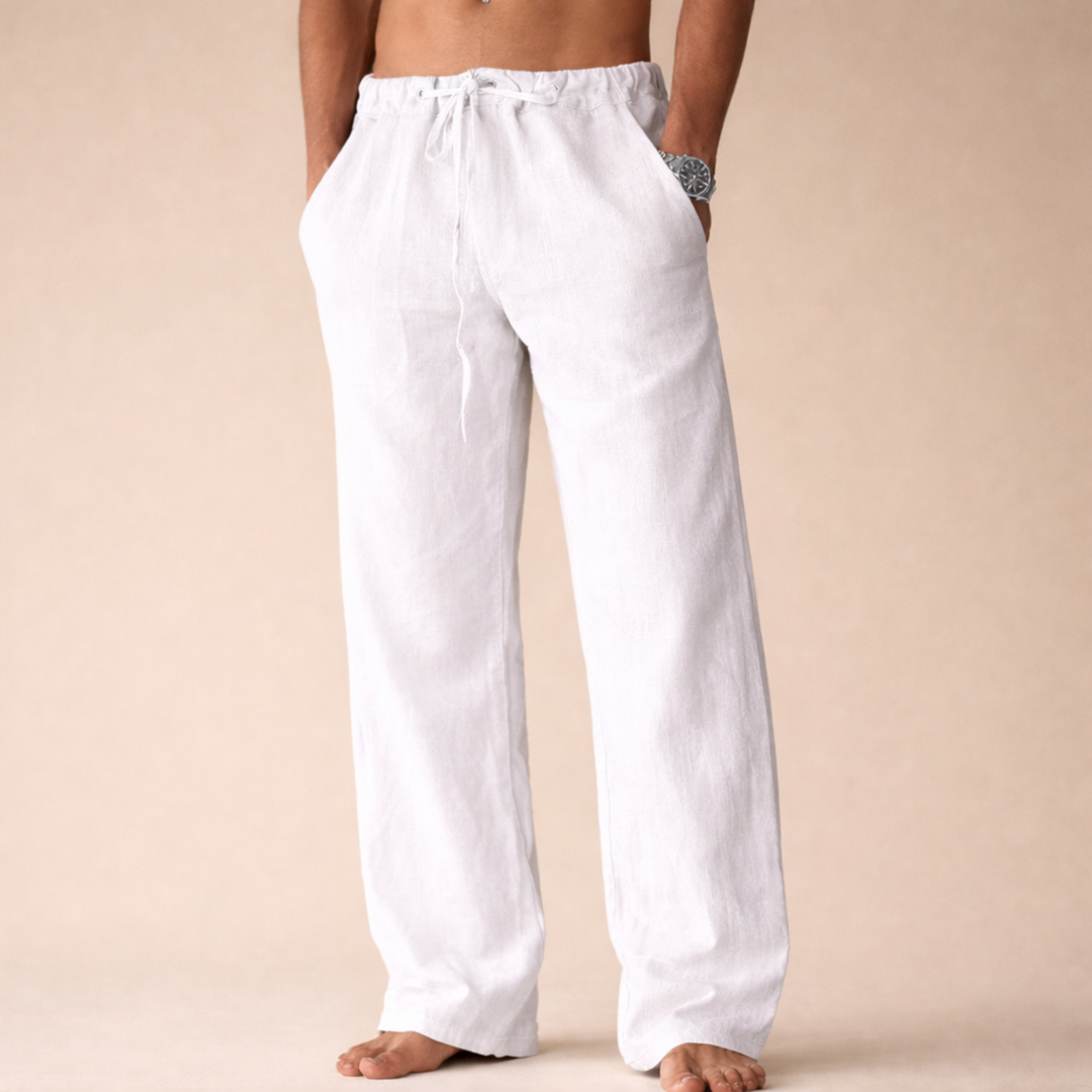 Men's Rivello relaxed fit trousers, perfect for casual summer wear & beach outings. Lightweight with drawstring waist.