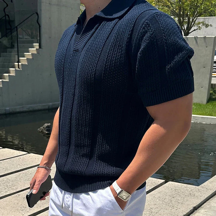 Dark blue Men's Riviera Breathable Knit Polo Shirt, a short sleeve casual top for men