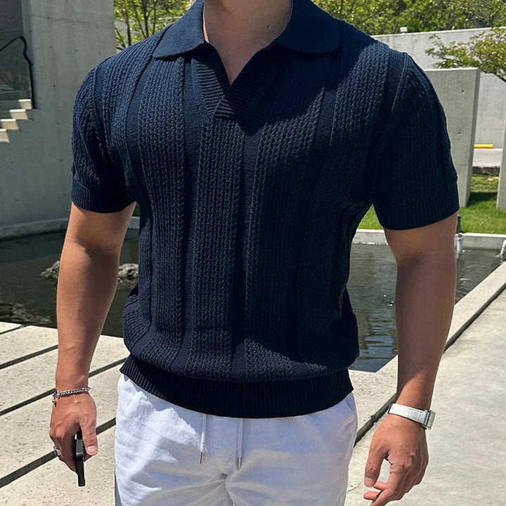 Men's Riviera Breathable Knit Polo Shirt in dark blue, a versatile and comfortable knit shirt