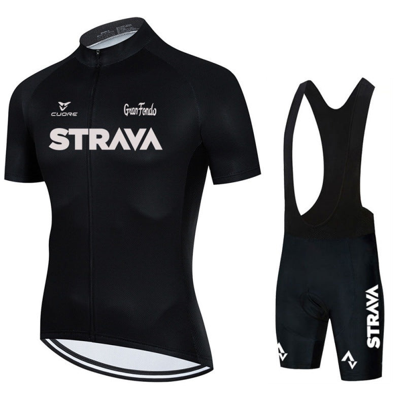 Men's road cycling jersey and shorts set, black and red, breathable, for athletic wear.