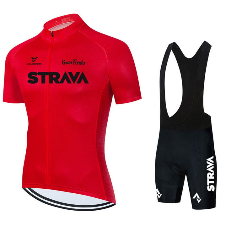 Complete men's cycling outfit: breathable jersey and shorts, ideal for long rides.
