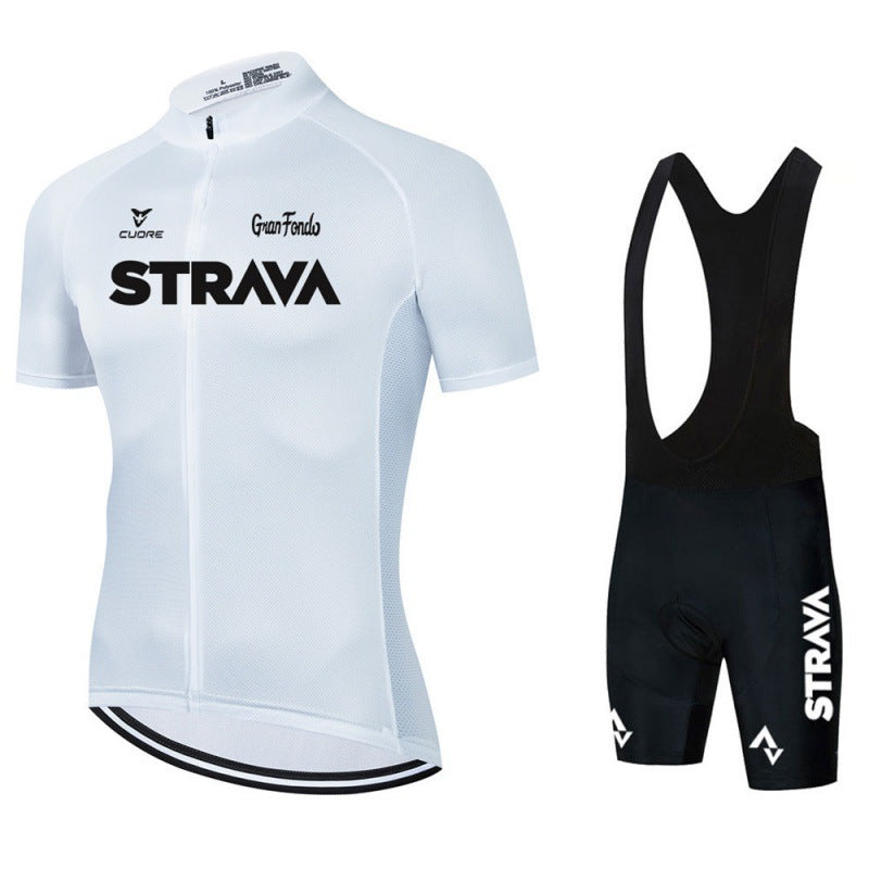 Athletic men's cycling set; short-sleeve jersey and matching shorts, comfortable activewear.