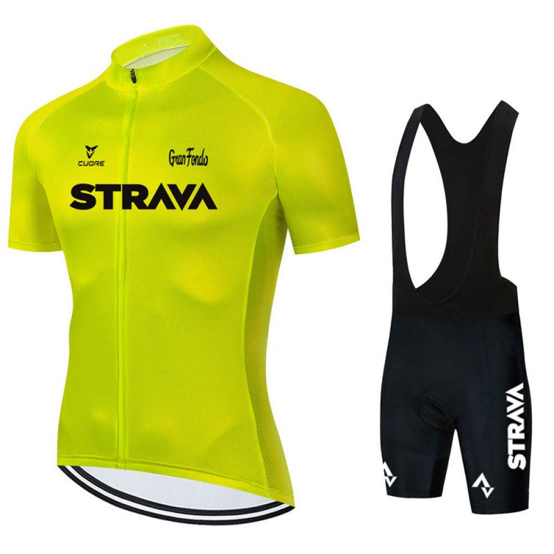 Men's road bike jersey and shorts set, black and red design, essential cycling kit.