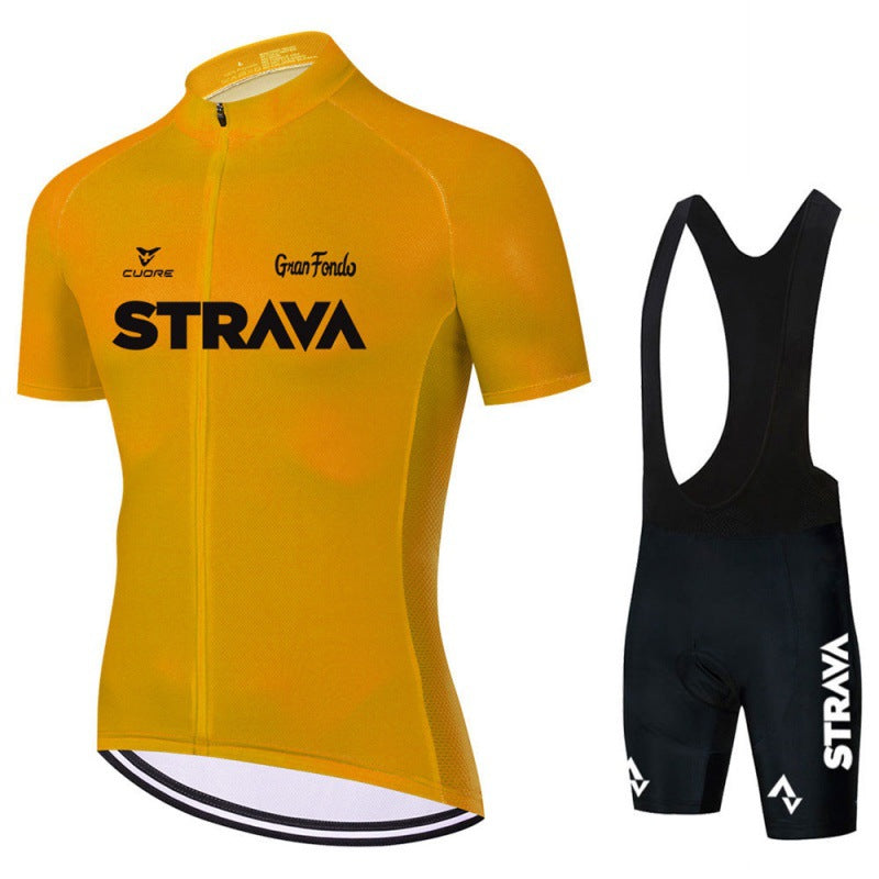 Men's cycling jersey and padded shorts set in black, designed for comfort & performance.