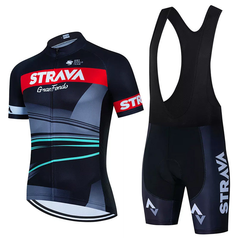 Men's black and red cycling set, includes jersey and shorts, perfect for active road cycling.