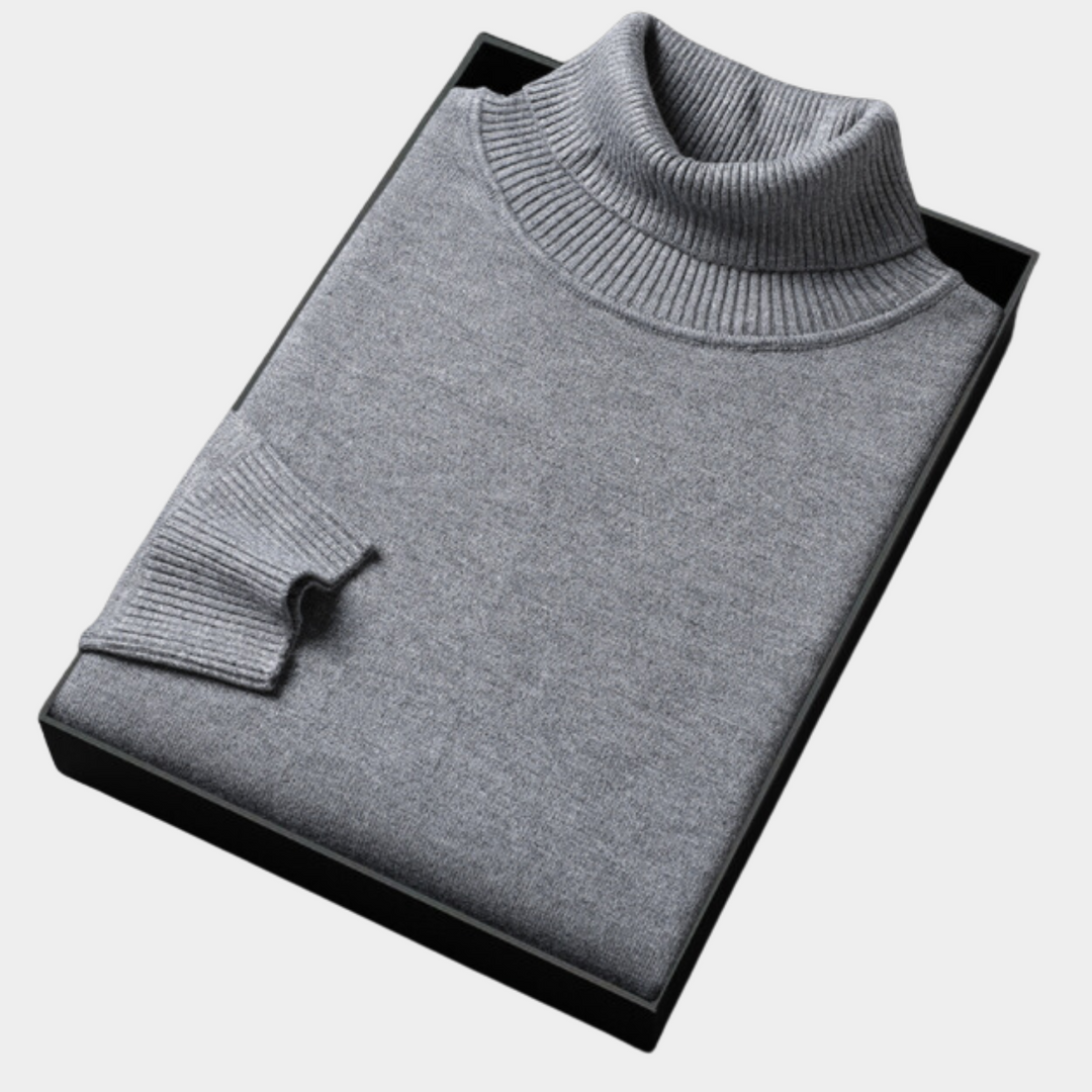 High-quality men's roll neck polo sweater, a versatile top for smart casual events.