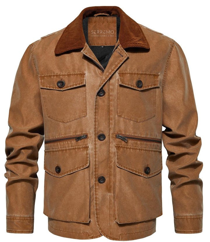 Men's rugged black canvas utility jacket with a brown corduroy collar, front view, for durable everyday wear.