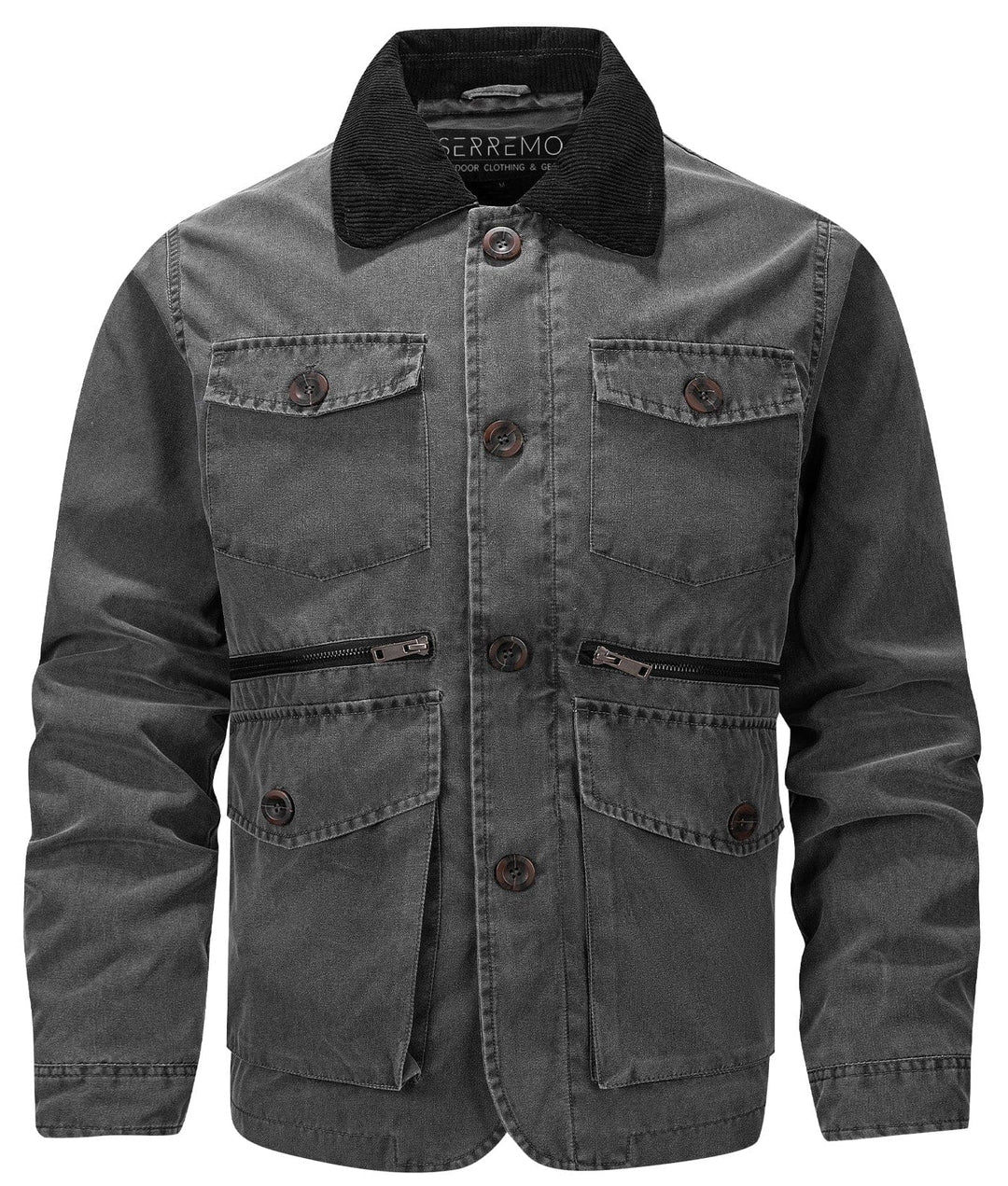 Close-up of the brown corduroy collar on a men's black canvas utility jacket, highlighting texture and detail.