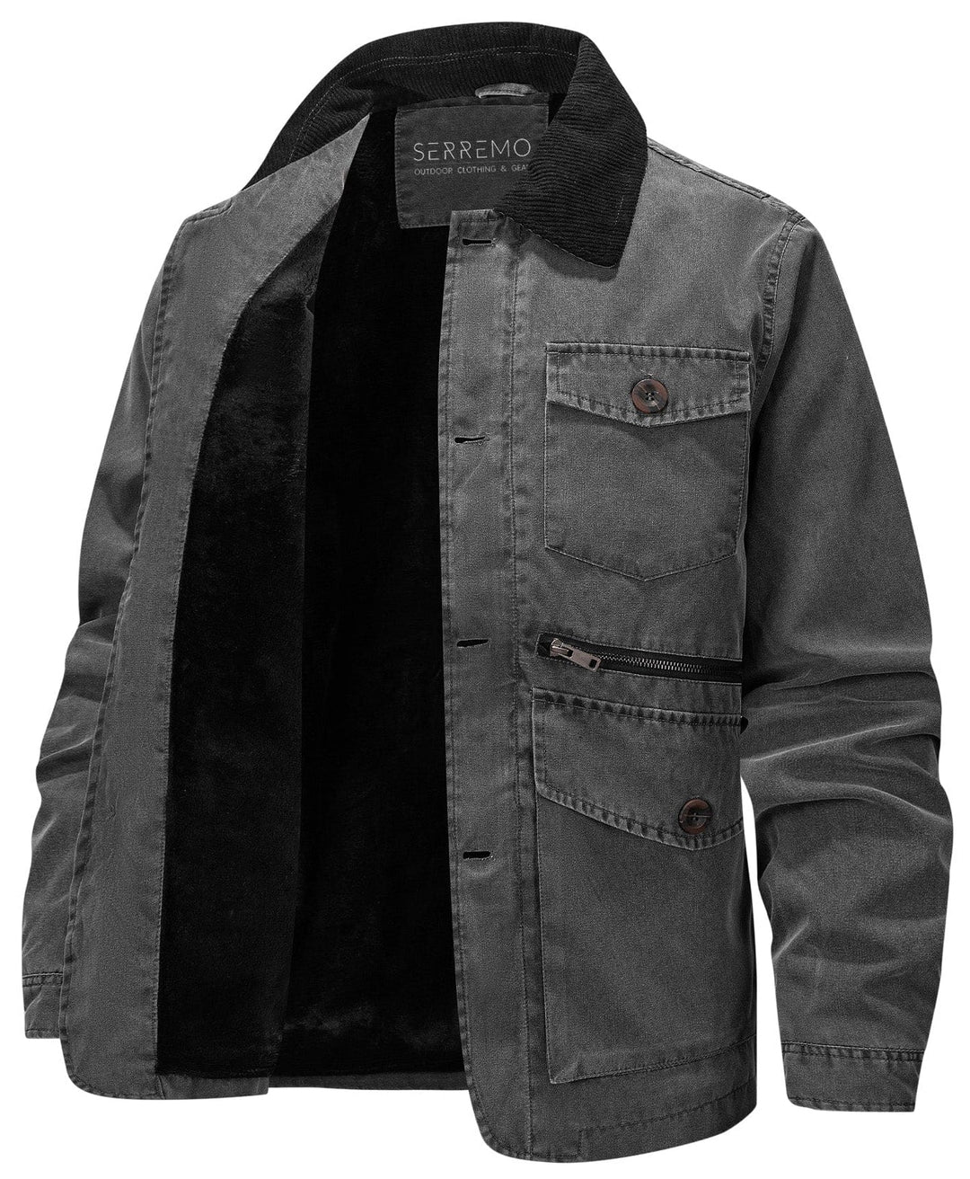 Side profile of a man wearing a black canvas utility jacket, showcasing fit and rugged style outerwear.