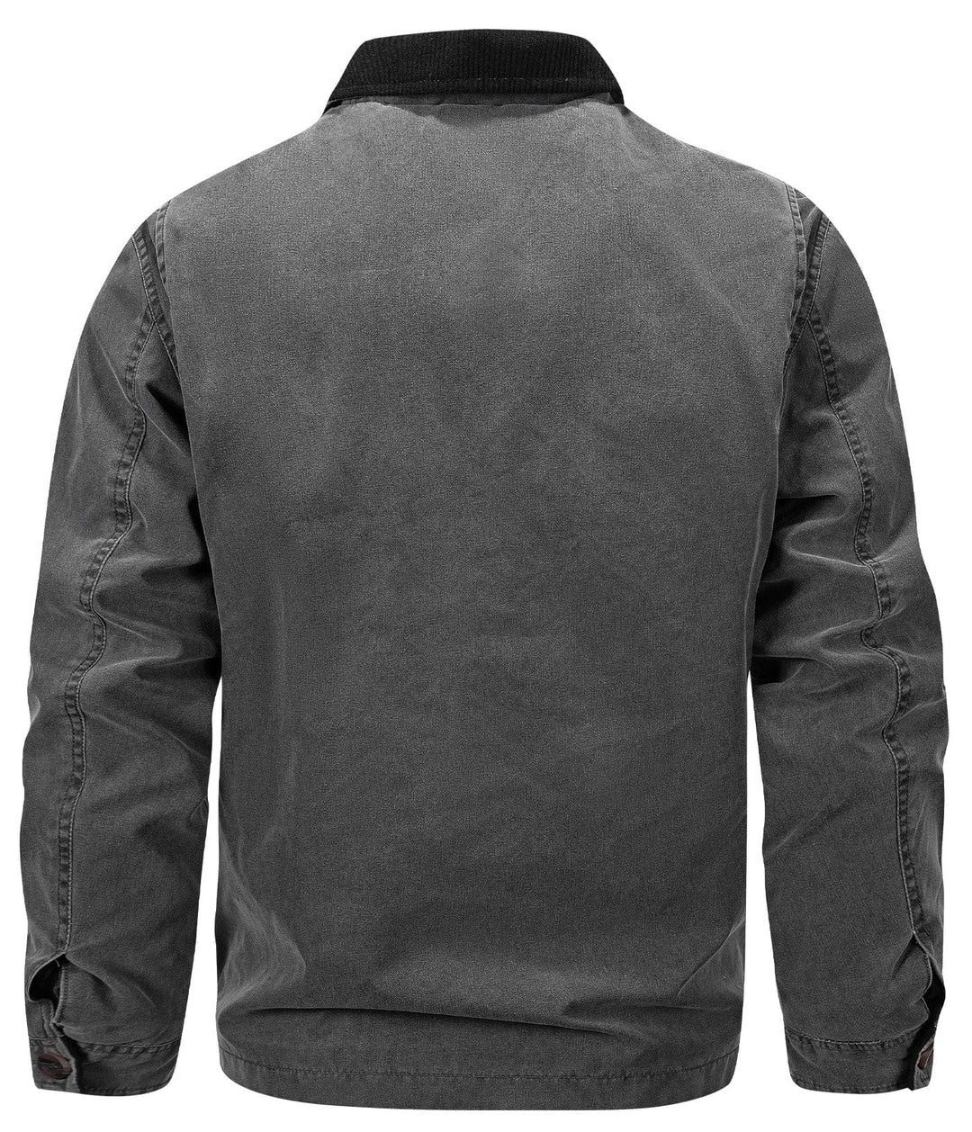 Detail shot of the chest pocket and stitching on a black canvas utility jacket, durable mensfashion.