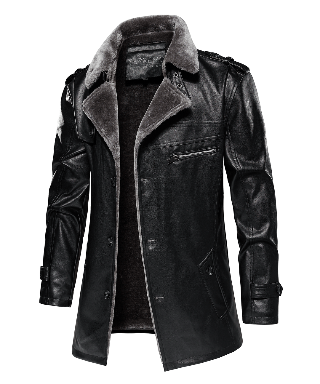 Men's rugged black PU leather arctic winter coat, insulated for extreme cold weather outdoor wear