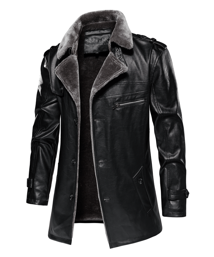 Men's rugged black PU leather arctic winter coat, insulated for extreme cold weather outdoor wear