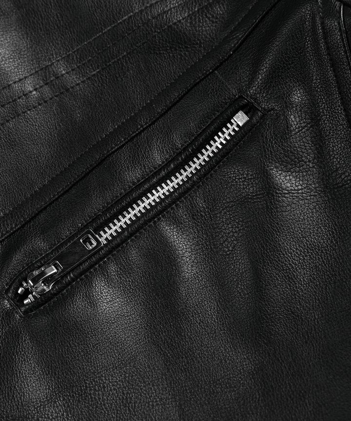 Front pocket detail on the men's black PU leather arctic winter jacket, practical for outdoor use