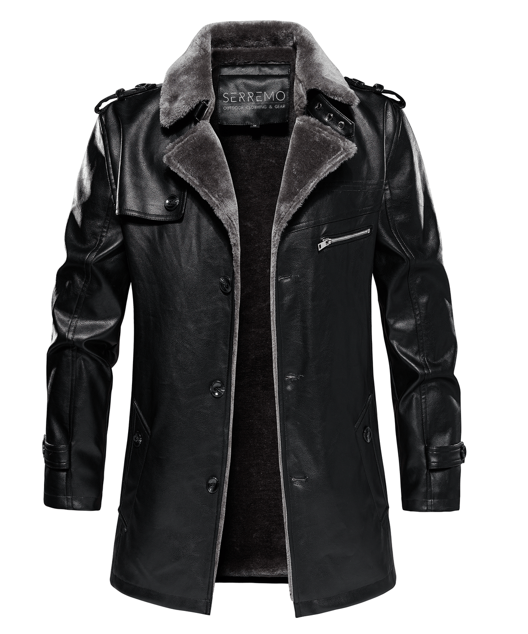 Close-up of the durable PU leather fabric on a men's rugged arctic winter jacket, black color