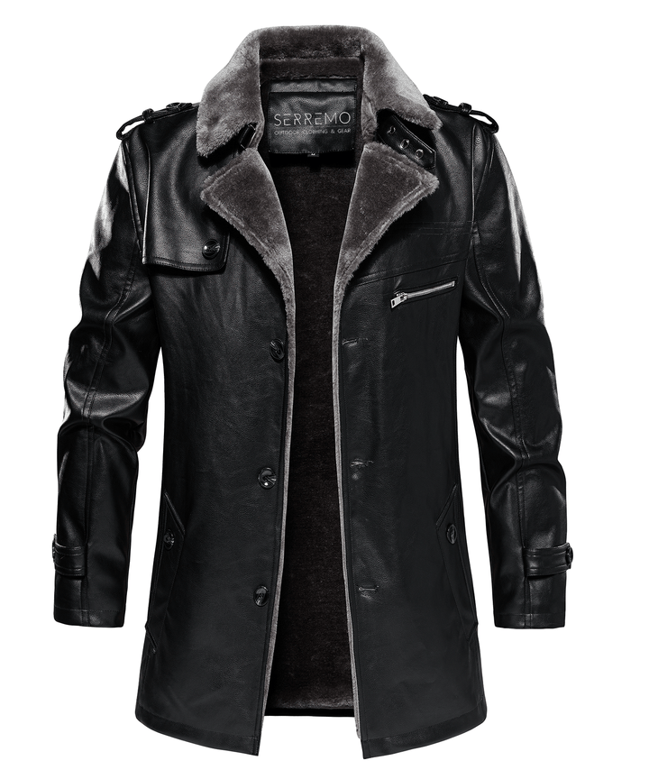 Close-up of the durable PU leather fabric on a men's rugged arctic winter jacket, black color