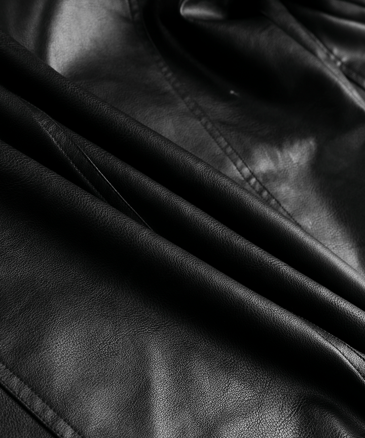 Back view of the men's arctic winter coat, black PU leather, ideal for cold outdoor activities